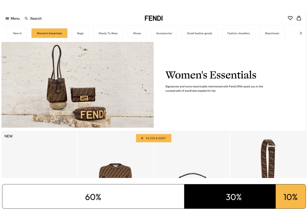 FENDI網站畫面，60%使用基底白色，30%使用在品牌自、選單文字、大標等，其餘10%則是強調色橘色，用在已點選的選單和篩選功能。