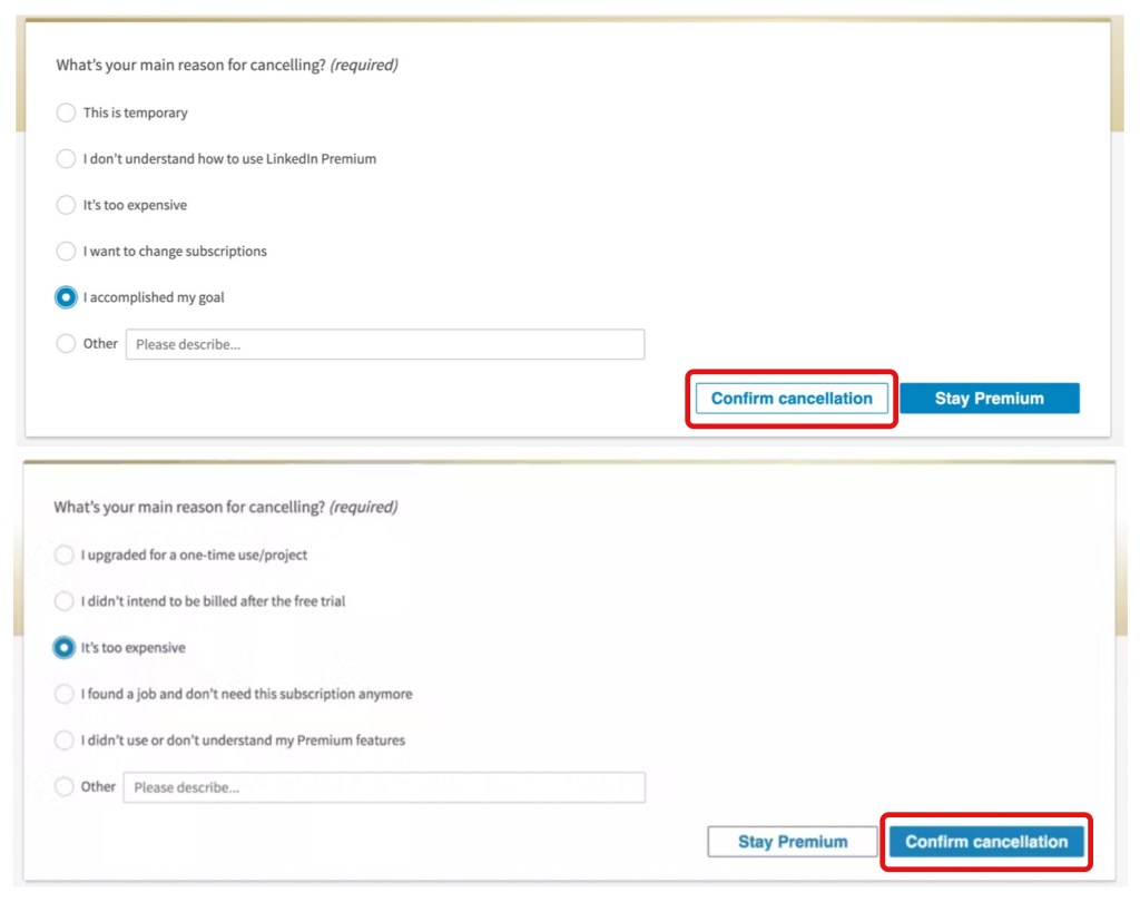 Linkedin取消訂閱服務，上圖是2019年，曾有使用者提出利用欺騙模式，降低「取消訂閱」的色彩對比度，並放置左邊非主要位置。然而，最新版LinkedIn已修正。