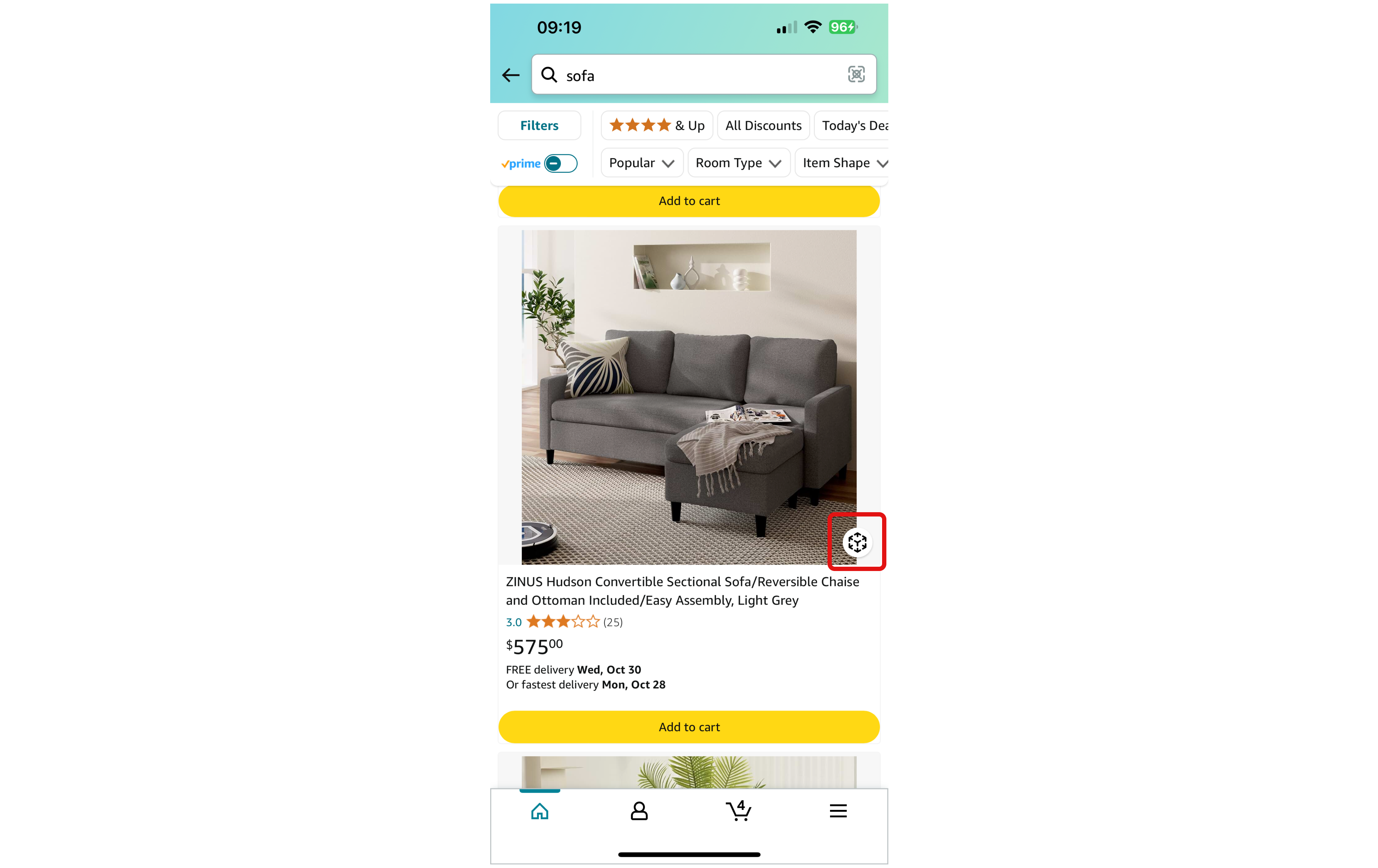 在Amazon應用程式，搜尋沙發，可以在產品列表的產品圖右下方發一下一個AR標記。