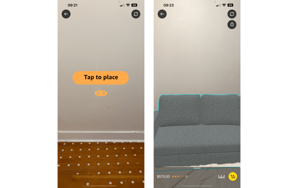 Amazon應用程式使用AR技術時，會顯示文字「Tap to place」和線條輔助標記。