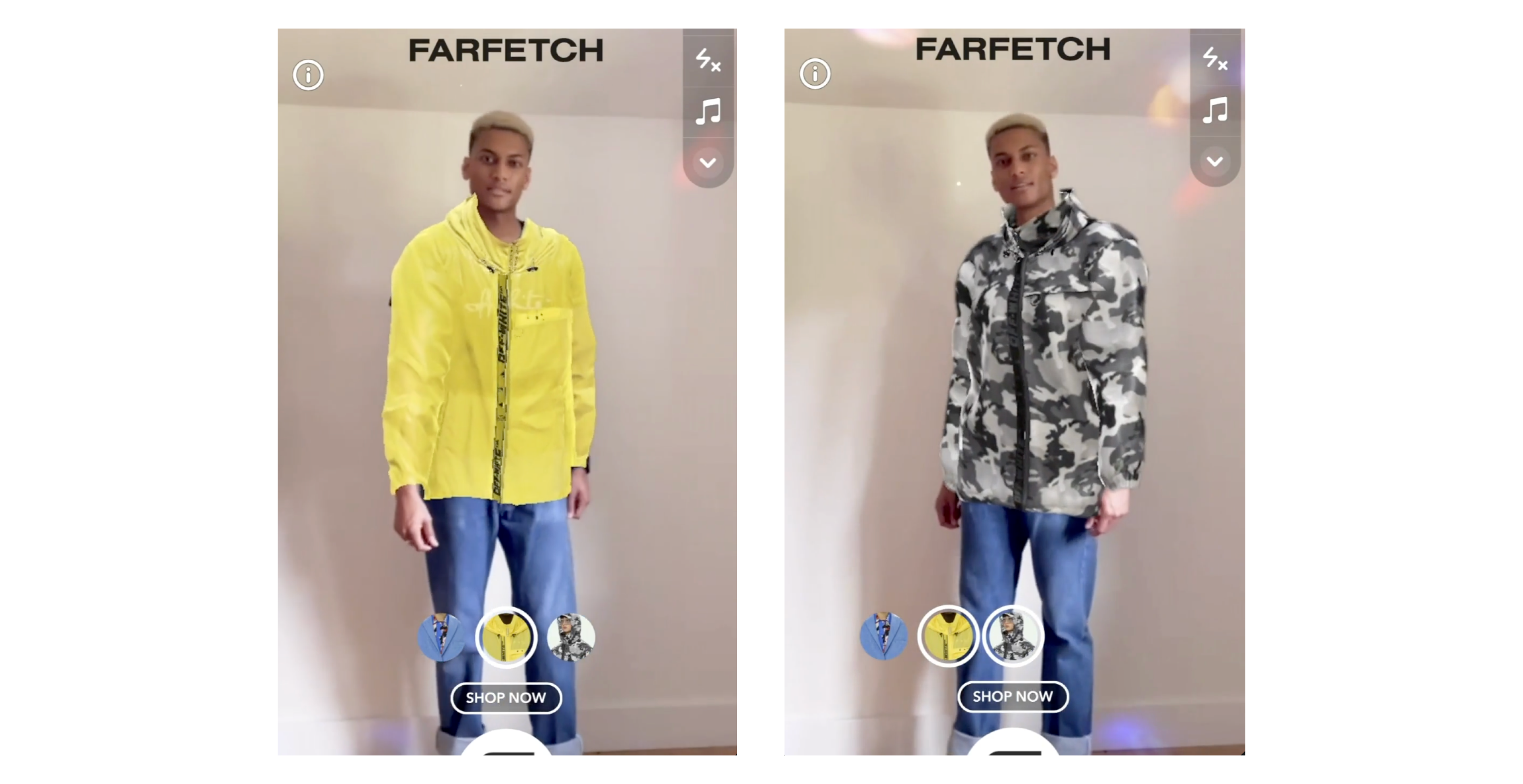 farfetch與snapchat合作推出試穿濾鏡，消費者可以加新品套用在身上，達成虛擬試穿。