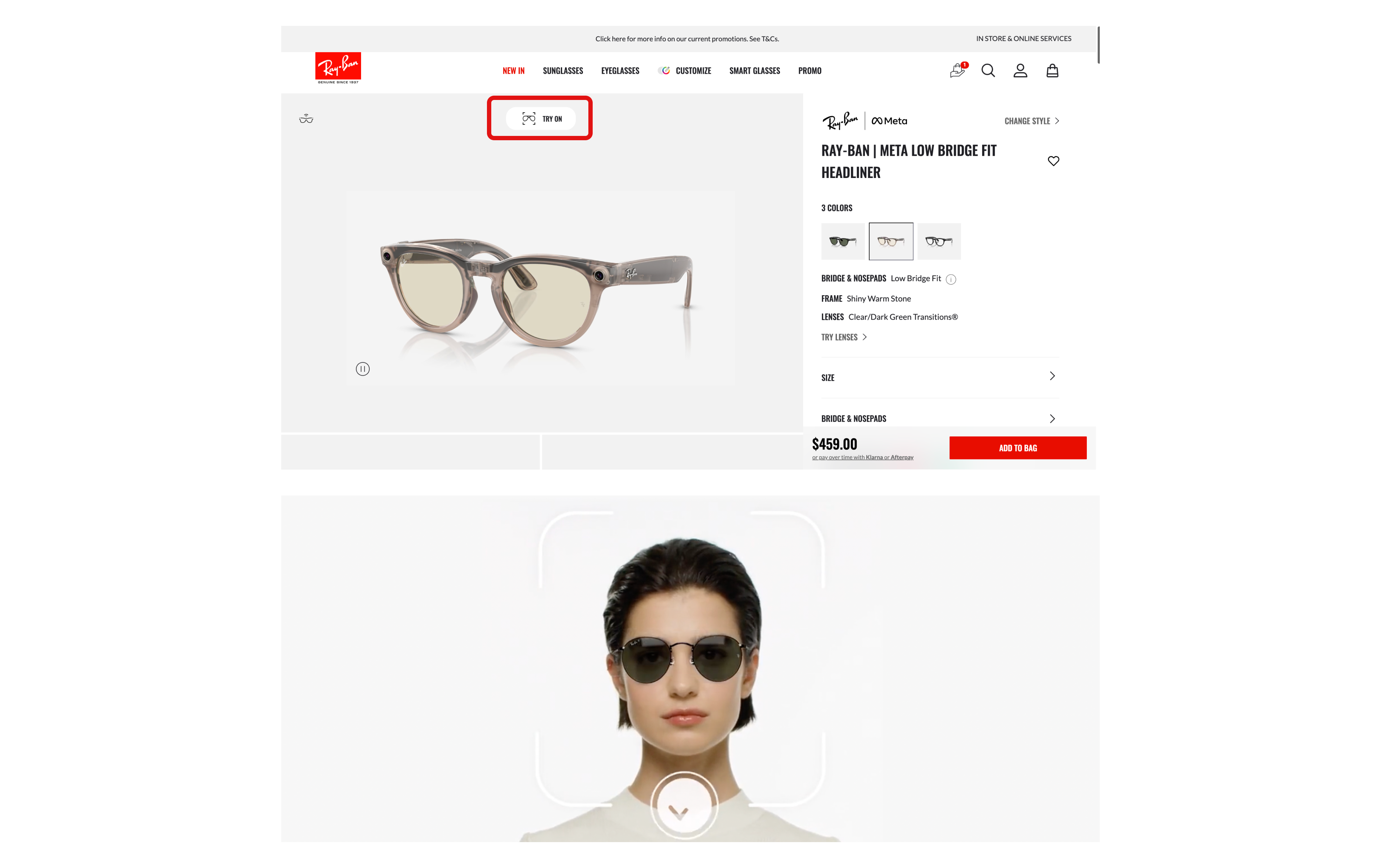 雷朋產品內頁的產品圖上方Try on按鈕，點擊後啟用AR技術，下方圖為模擬試戴眼鏡的畫面。