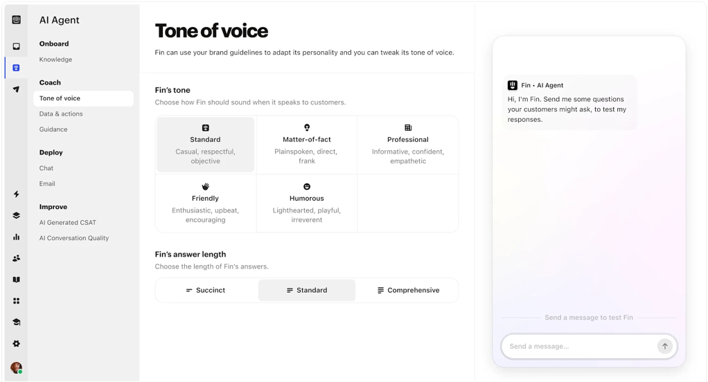 AI Agent的Tone of voice，選擇和客戶對話時的語調，有專業、親切、幽默等選項。