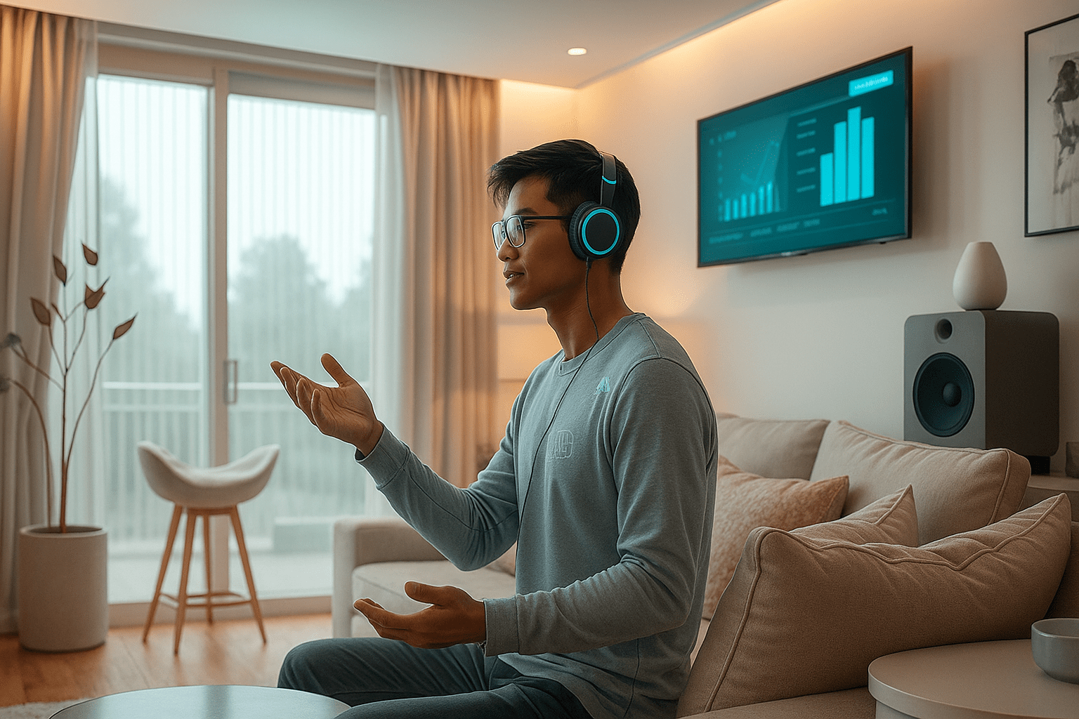 一位戴著藍光耳機的年輕男性坐在現代客廳沙發上，雙手做出手勢，彷彿與智慧裝置互動。牆上的螢幕顯示資料圖表，周圍擺設簡約溫馨，呈現智慧家庭中透過語音或手勢進行零介面互動的情境。