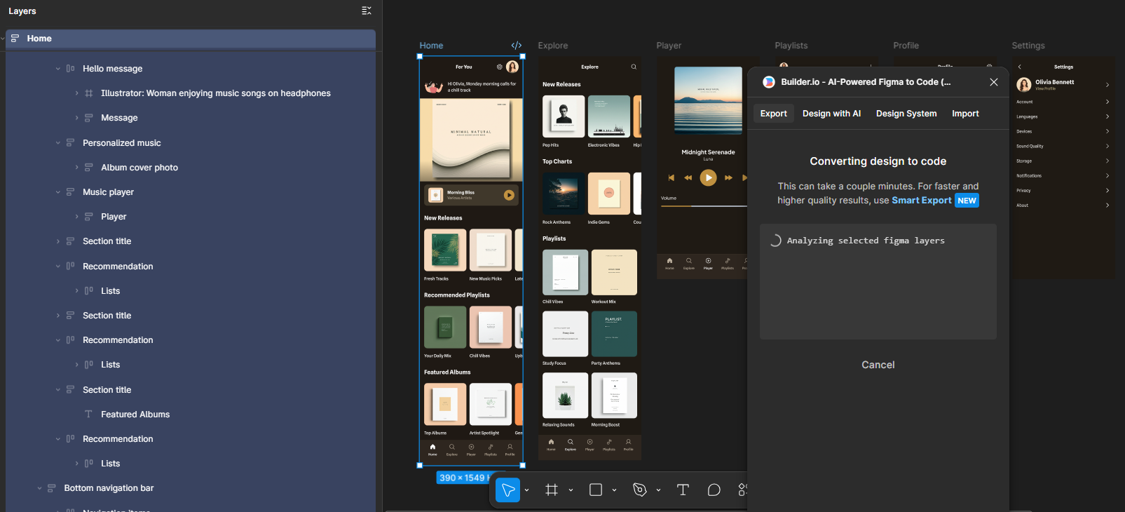界面設計展示，左側為圖層列表，右側為音樂平台的視覺版面，包含熱門推薦和播放列表，以及設置選項的彈出窗口。