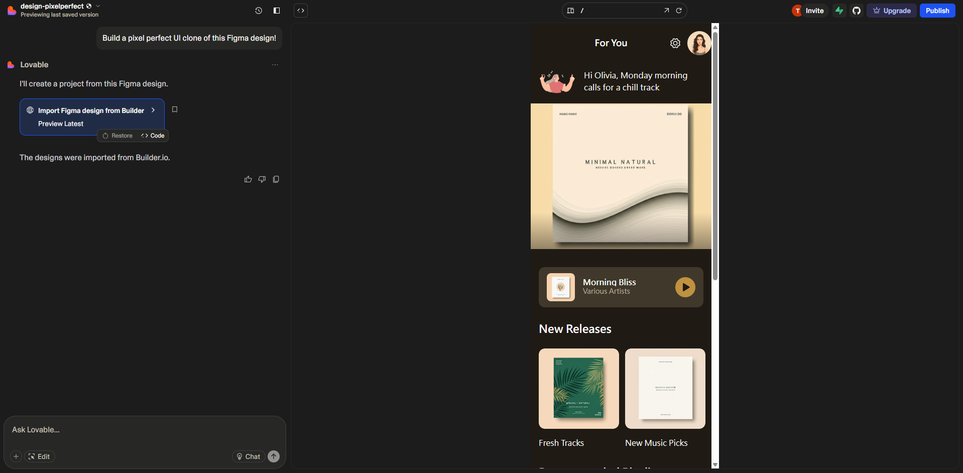 一個展示音樂平台的使用者介面設計，包含個人化推薦，特色有專輯封面、播放按鈕，以及新發行與最新曲目區塊。