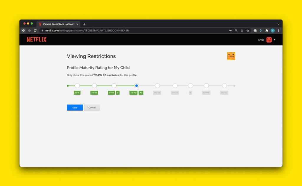 Netflix 家長內容限制設定介面,可根據分級(TV-Y、TV-Y7、TV-G、G、PG等)調整孩童觀看的影片成熟度等級,便利家長掌控孩子的觀看內容安全。
