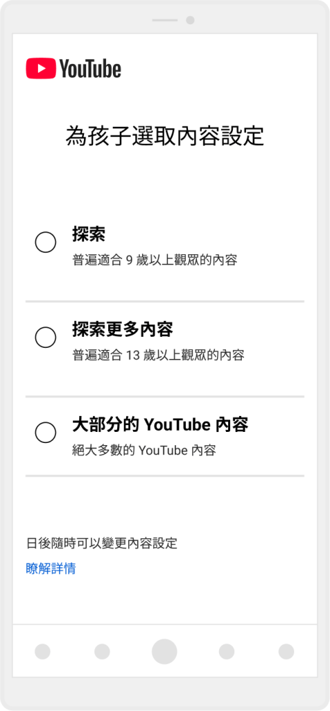 YouTube 家長控管內容選擇頁面,提供探索(9歲以上)、探索更多內容(13歲以上)、大部分 YouTube 內容等三種觀看範圍設定,幫助父母依年齡限制內容。
