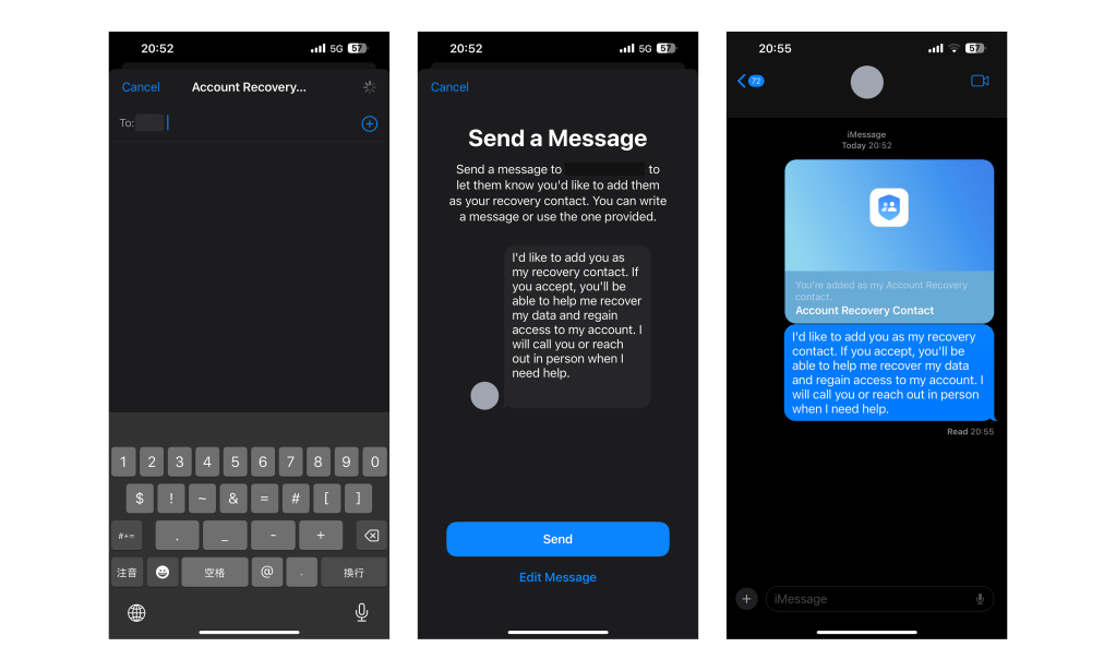 Apple ID 帳號復原聯絡人設定流程，包含透過 iMessage 傳送邀請訊息，通知對方成為帳號復原聯絡人，並顯示邀請已成功送出。
