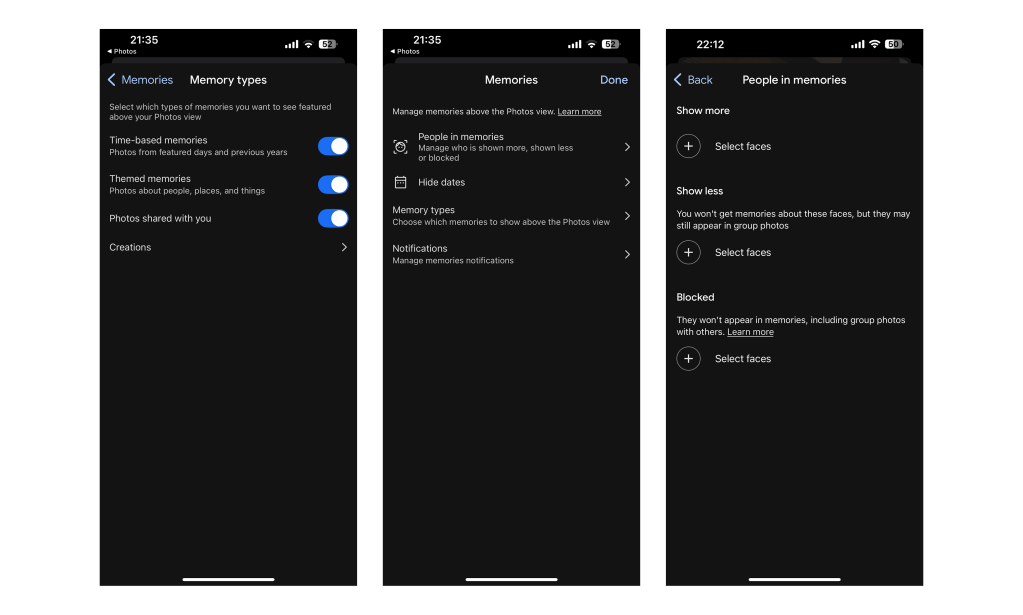 Google 相簿的「回顧（Memories）」設定畫面，使用者可選擇顯示的回顧類型，並管理哪些人物會出現在回顧中，包括顯示更多、顯示較少或封鎖。