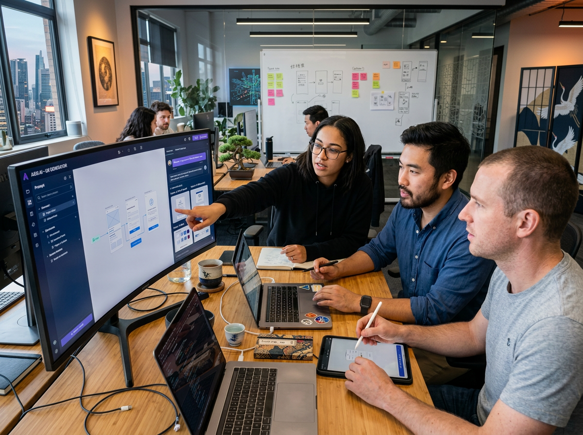 Team collaborating on UX design shown on a large monitor and laptops